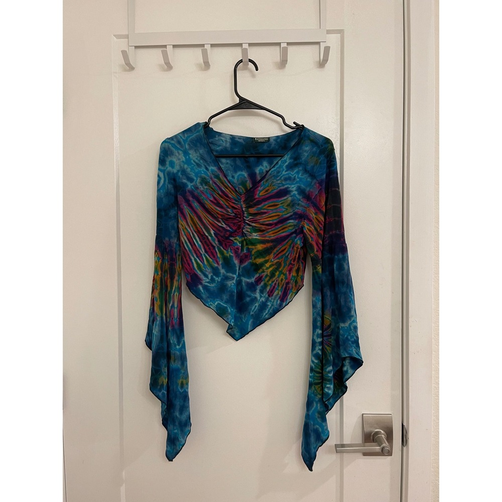 Kathmandu Imports Hippie Tye Dye Flare Sleeve Cropped Scrunched Bust Shirt